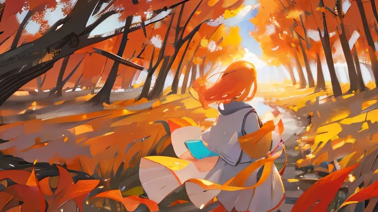 Imagine a serene landscape where an autumn breeze sweeps through a peaceful scene. A lone figure, perhaps a young woman or child, stands in an open field with tall grass swaying gently. In her hand, she holds a paper or musical notes that appear to flutter...