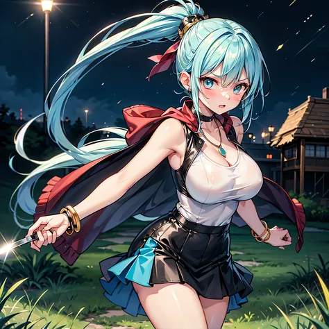 Anime Moe Art Style,Best Quality,High resolution,Anatomically correct,Mid-teens,One Girl,Light blue hair ponytail,Super detailed,Big Breasts,Shiny Hair,Shiny skin,Beautiful Skin,A rich expression,Serious expression,shout,Sleeveless jacket,mini skirt,neckla...