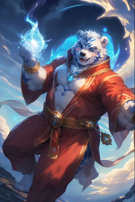 (By Empty Ghost, From thebigslick, By Dark Gem, Will chase), Keyuan Building (Onmyoji Daisenji Temple), High-quality photos, Perfect anatomical structure, Anthropomorphic white bear, male, 20 years old, (bear print), Thick eyebrows, Short hair, Strong body...