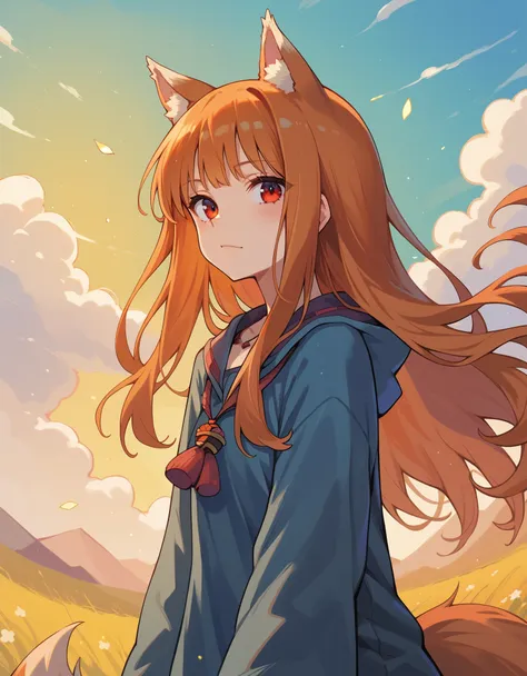 score_9, score_8_up, score_7_up, score_6_up, holo, 1girl, wolf ears, long hair, solo, red eyes, ginger hair, wolf tail,