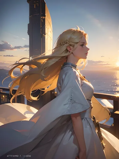 Long-haired female knight wearing white dress and holding sword, long blonde hair, hair blowing in the wind, Early Final Fantasy vibe, fantasy world airship flying in the sky, sci-fi fantasy airship with propellers, view from the deck of the airship, stari...