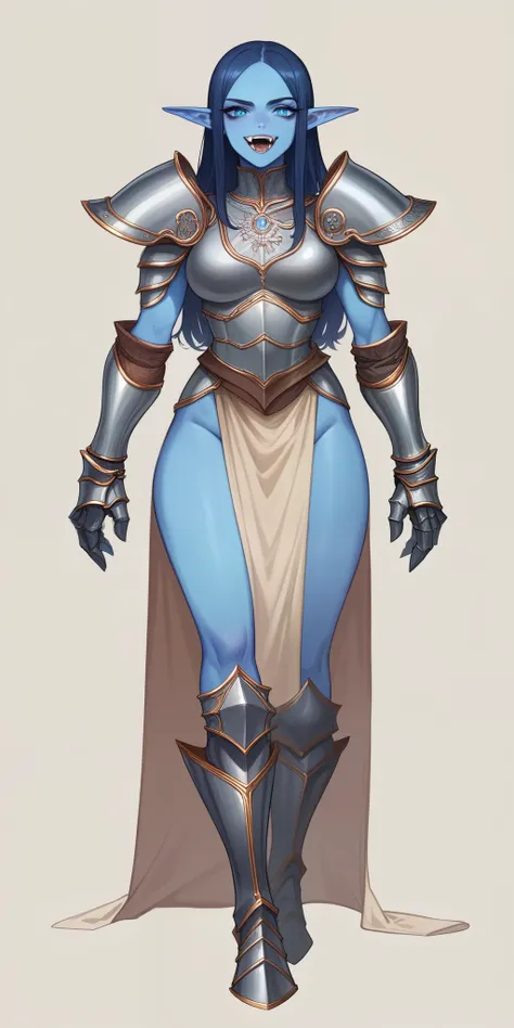 1women full body solo big chestplate, hips up, look at viewer, (detailed face). In a seamless blend of features, she possesses blue-azure skin, sharp elf-like ears, and a toned, athletic build. Her prominent fangs and piercing, icy-blue eyes add to her str...