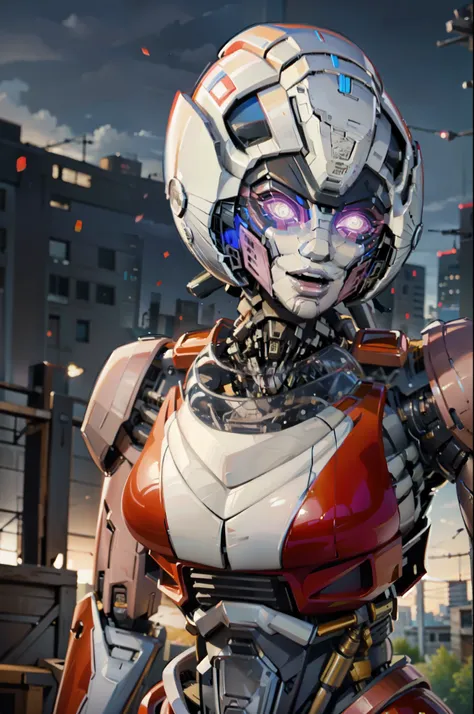 ROTB_Arcee, 1girl, big breasts, smile, robot, mecha, (glowing eyes:1.2), City Background,