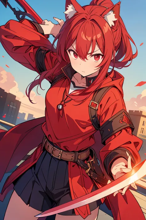 A high school boy with wolf ears, red hair, a ponytail and red open sleeves is waving a sword angrily