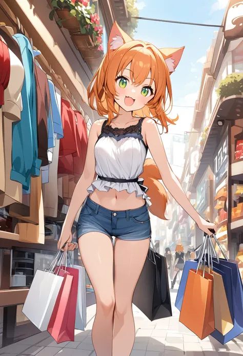 young girl、very cute、small、firm breasts、denim hot pants、orange hair、high quality backgrounds、、shopping、cheerful attitude、cat ear...