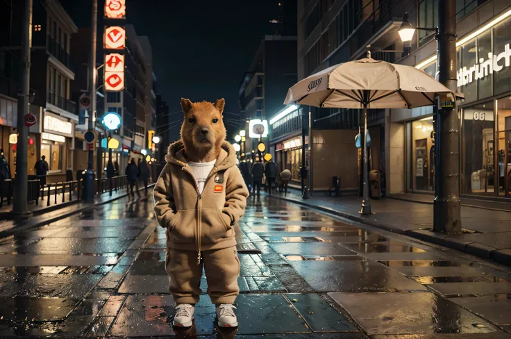 Cute  capybara baby with fluffy fur wearing urban outfit, one hoodie and headphones, The background is modern and inorganic, Adorable Digital Painting, 3d rendered, Bright lighting, Vibrant colors,  outside and raining