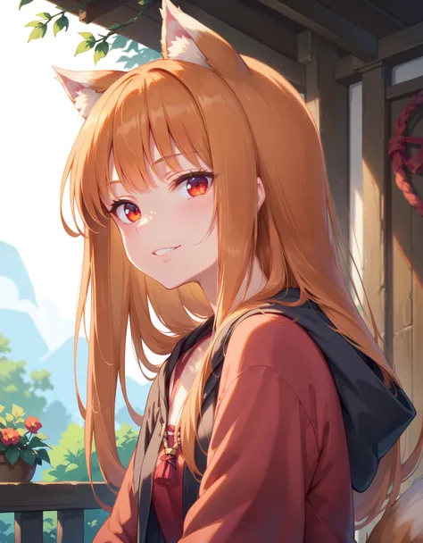 score_9, score_8_up, score_7_up, score_6_up, holo, 1girl, wolf ears, long hair, solo, red eyes, ginger hair, wolf tail,