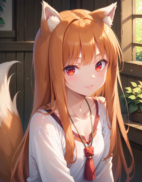 score_9, score_8_up, score_7_up, score_6_up, holo, 1girl, wolf ears, long hair, solo, red eyes, ginger hair, wolf tail,