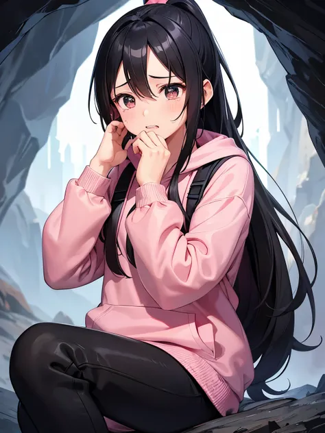 1 girl,Sitting in a cave, crying, Teeth showing, screaming,tears coming out,Hands rubbing eyes,,looking away,, pink hoodie, black pants, carrying a black backpack, black hair, hair parted in two, sad expression, forehead visible,Forehead visible,black eyes...