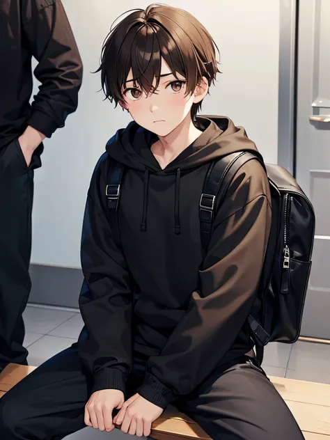 1 boy,Sitting, sad expression,brown hair,brown eyes,Black hoodie, black pants,close up photo,Carry a black backpack