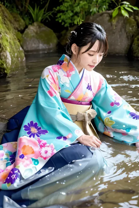 Real、Hakama、Japanese、kimono、Women、Long-sleeved kimono、clothes soaked in water 、Clothes that stick to the skin、wet textured clothes、floral kimono、soaking wet、soak in water、wet clothes color、lie down、whole body submerged in river、water dripping from clothes、...