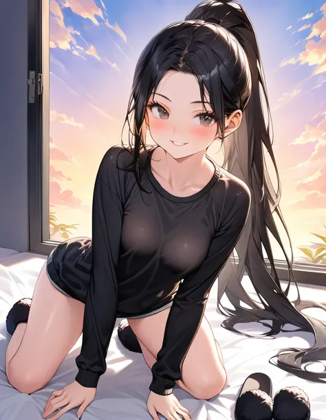 (SuperQuality:1.0) ~ (SuperQuality:1.2), tall, slender woman, (168cm height:1.2), (black hair:1.2), long straight hair, high ponytail, (sharp V-shaped jawline:1.2), (cool, calm expression:1.1), slightly flushed cheeks, pale skin, (black eyes:1.1), almond-s...