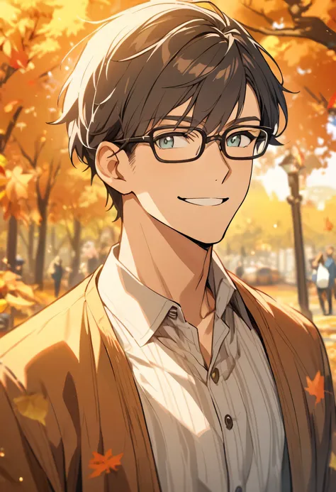 2，male，A refreshing smile，Upper Body，Focus on the face，Glasses，Autumn background