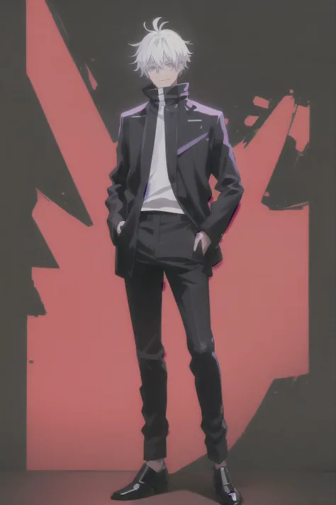 masterpiece, The best quality, 1 child, gojou satora, by white, short hair,  sale, black jacket, black pants, ,high neck, long sleeves, shoes,  smile, full body, standing, arms on hips, Alone, Looking at the viewer, simple background 