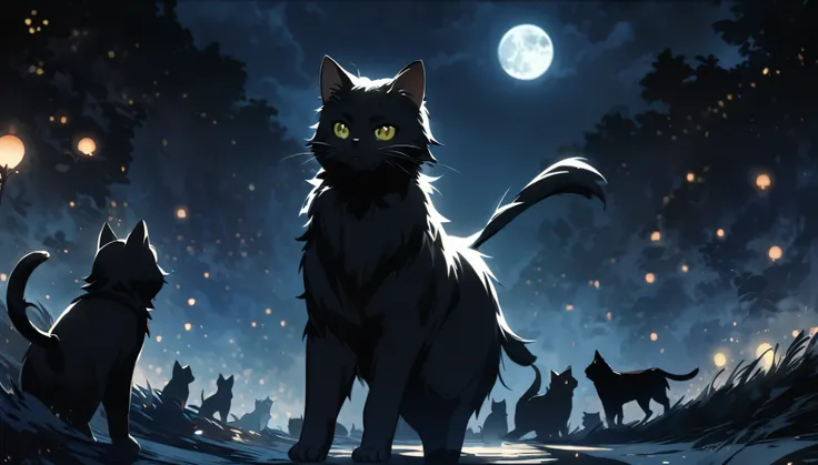 Kuro, the black cat, walks along an endless path under the night sky, with the wind and moon as his companions. He pays no attention to the humans around him, enjoying the night with a sense of playful independence. The scene is peaceful yet full of energy...