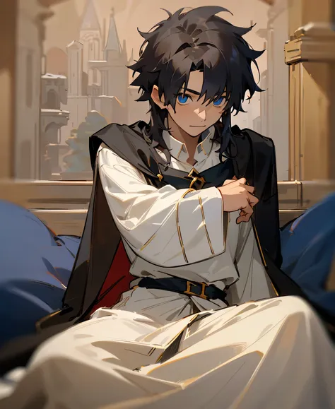 a young medieval mage sitting, he's looking at the viewer, he's wearing royal robe with white shirt underneath and his hair blac...