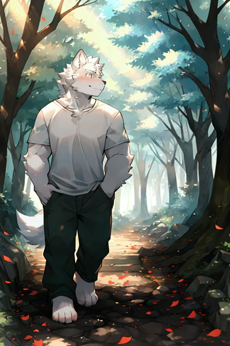 White Wolf Orc，youth，casual pants，White T-shirt，Walking in the deciduous forest，One hand in pocket，A hand reaches out and touches the fallen leaves