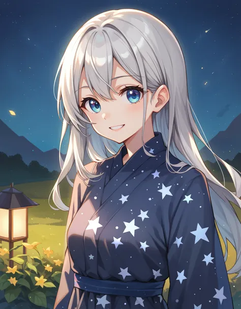 score_9, score_8_up, score_7_up, 1girl, long silver hair, upper body, blue eyes, arms at side, outdoors, starry night, long grey...