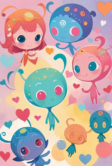 Seizo Watase colorful style, Simple Line Initialism，Abstract art, girls, colorful hearts, funny design, (((Cute Aliens))), The background is space