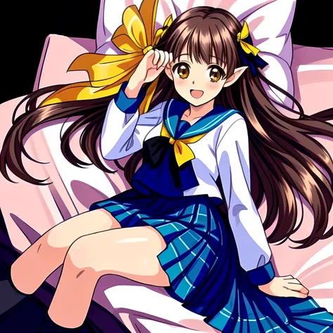 (highest quality, masterpiece: 1.6), (Some beautiful noble 15yo beautiful lying anime noble heroines portrait, Three beautiful giggling noble elegant 15yo neat anime heroine wares blue sailor-styled uniform are lying on a pink bed, and force me fall into d...