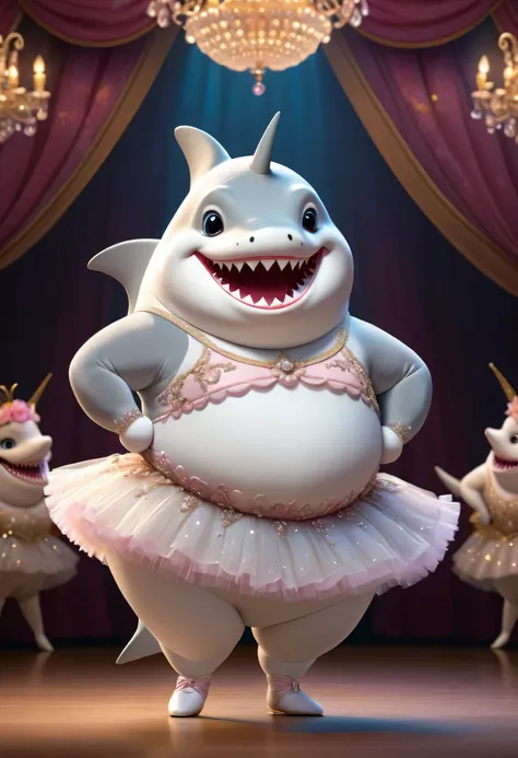 portrait of Dressed animals - a ((fat)) (shark) ballet dancer,(furry),(),(happy smile), (elegant),(hands on hips:1.5), high quality,(lovely) ,intricate detailed hair ornament, highly detailed ((elaborate ballet costume)) ,highly detailed decorations of cos...