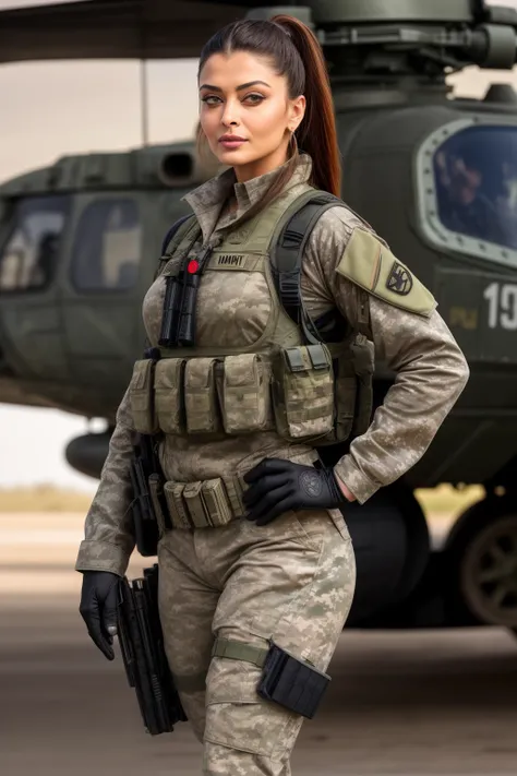 Full body photo of 50YO MATURE MILF AISHWARYA RAI as ((ARMY MILF COMMANDO)), WEARING FULL ARMY GEAR, COMBAT BOOTS, COMBAT GLOVES, KNEEPADS, CAMO PLATE CARRIER RIG, intricate details, POSING next to army helicopter, ((MOCKING LAUGH)), PONYTAIL HAIR, day sce...