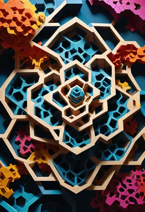 A mind-bending abstract art piece featuring hexagonal forms connected by impossibly interlocking jigsaw joints, creating a geometric puzzle that defies logic. The impossibility of the structure shocks and captivates viewers, evoking a powerful emotional re...