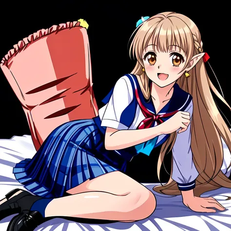 (highest quality, masterpiece: 1.6), (Some beautiful noble 15yo beautiful lying anime noble heroines portrait, Three beautiful giggling noble elegant 15yo neat anime heroine wares blue sailor-styled uniform are lying on a pink goddess-statue-figured bed, a...