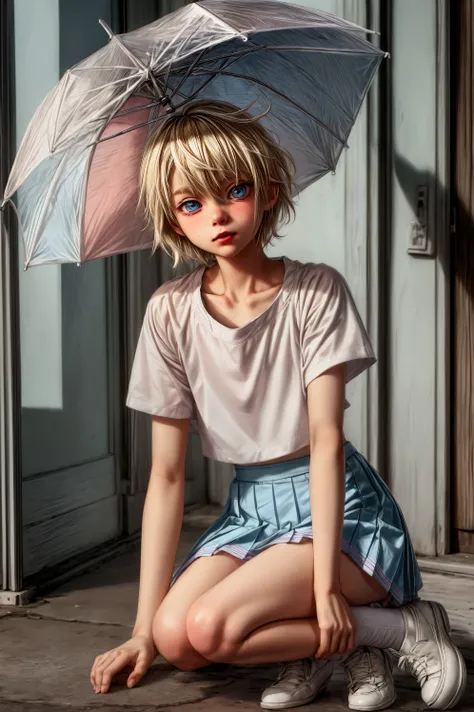 Anime style, Highres, Masterpiece, Best quality at best, Best Quality, hight quality, hight detailed, 1boy, (little boy), blonde boy, perfect boy body, cute boy, detailed light blue eyes, short hair, messy hair, pastel rainbow inner hair color mesh, Neutra...