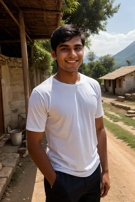 A young man named Ram, smiling and looking thoughtful, standing near a village well.