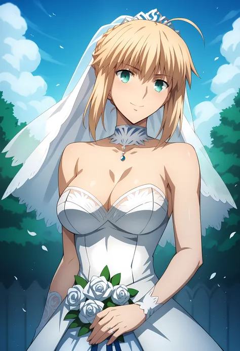 score_9, score_8_up, score_7_up, score_6_up, source_anime, BREAK, 1girl, solo, source_anime,artoria pendragon, artoria pendragon (fate), saber, blonde hair, green eyes, ahoge, sidelocks, blushing, medium breasts, wedding dress, wedding veil, off shoulder, ...