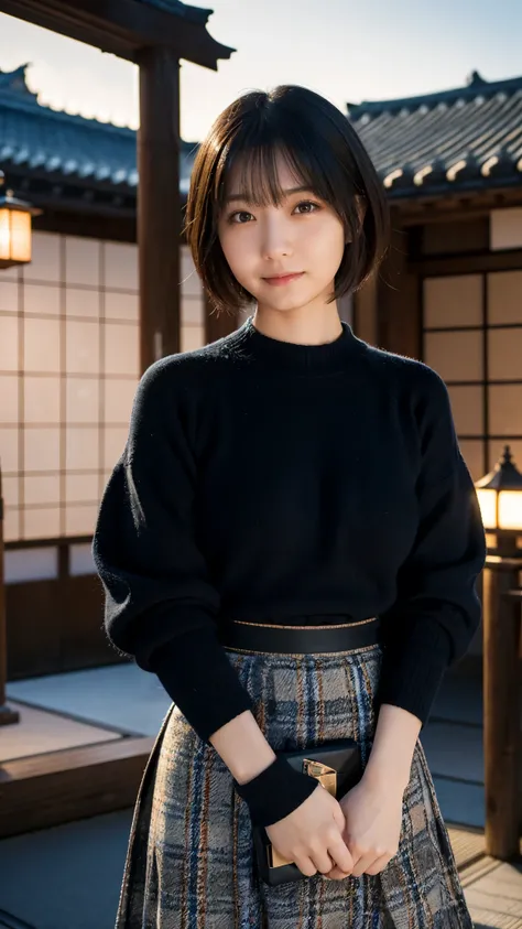 (Best Quality,masterpiece:1.3,Ultra-high resolution),(Very detailed,Caustics,8k), (Realistic:1.4, RAW shooting),Dusk twilight sky,Inside Japan House,Japanese,1 person,1,smile,Black Short Hair,(Knitwear),Small breasts,Checked skirt,Devastating Shot,Natural ...