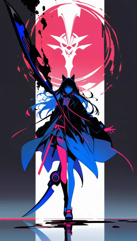 A dark, futuristic, silhouetted figure of a girl with cat ears and a long, flowing coat, holding a massive scythe with a mechanical cat integrated into the blade, standing on a reflective surface with a minimalist, light gray background. --ar 4:3 --stylize...