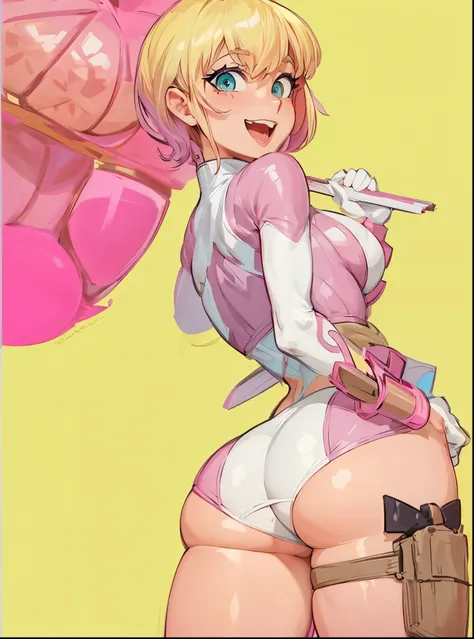 Gwenpool standing, Large breasts, large butt, with blond hair with pink tips, Smile on her face, blueish green eyes in a white and pink bikini, From Behind, 