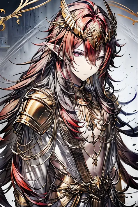 (masterpiece, best quality, perfect face, expressive eyes), 1boy, (male), long red hair, golden eyes, elf ears, golden armor, go...