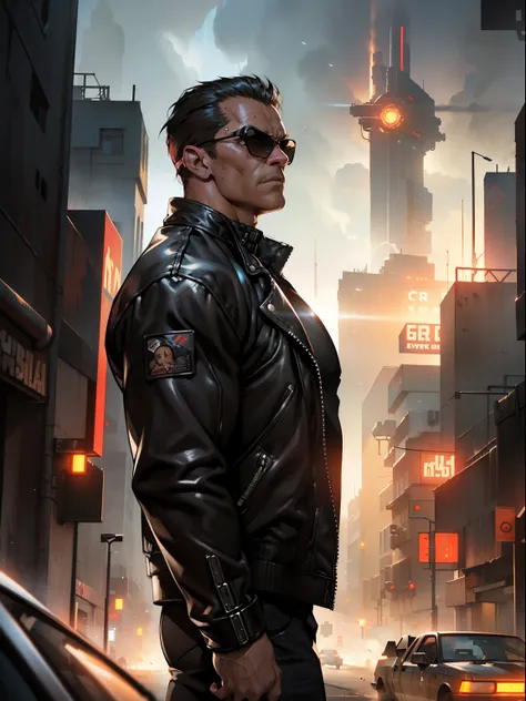 "Terminator movie, Futuristic, Dystopian cityscape, dark and sandy atmosphere, intense action scene, Arnold Schwarzenegger as the main character, iconic black leather jacket, Sunglasses, epic battle, Explosions, high-tech weaponry, cyber improvements, post...