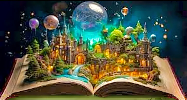 imaginative scene, in which a fairytale city seems to sprout from an open book. The city has high towers, bridges, bright windows and is surrounded by trees. Planets or balloons float above the city, which underlines the fairytale and magical element of th...