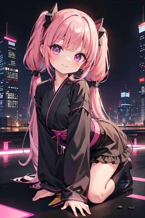 A petite girl with a Western look and beautiful features.　Pink hair in twin tails　On all fours　The face is smiling faintly　Black yukata with black frills　Dark brown boots　The background is a cyberpunk cityscape