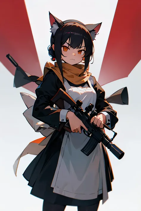 Young cat maid with scarf and snipee, sniper pose, serious face, sharp eyes.