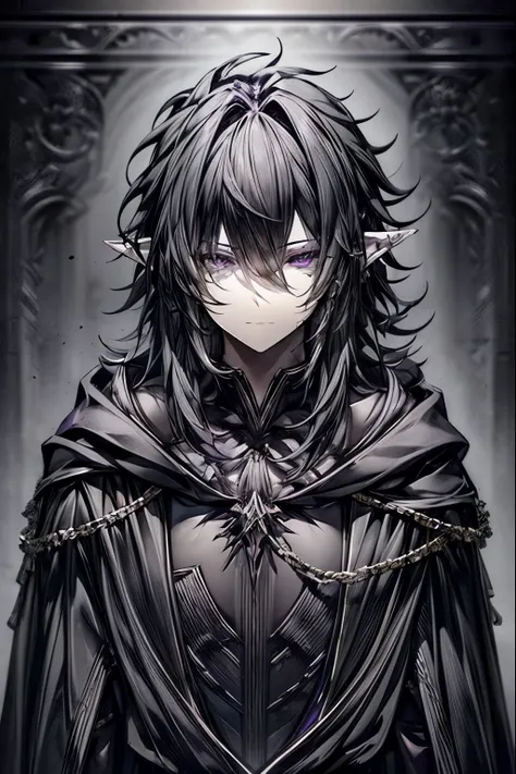 (masterpiece, best quality, perfect face, expressive eyes), 1boy, (male), purple eyes, elven ears, ((black hood)), ((black pries...