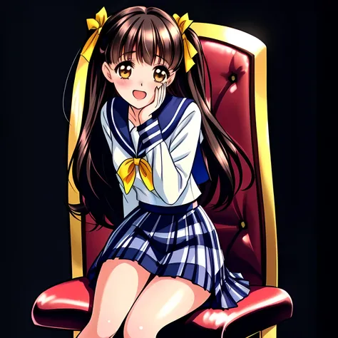 (highest quality, masterpiece: 1.6), (Some beautiful noble 15yo beautiful lying anime noble heroines, Noble like a princess, feeling funny about me, giggling at me, wares blue sailor-styled uniform, seated on a noble chair, looking to me with love, and for...