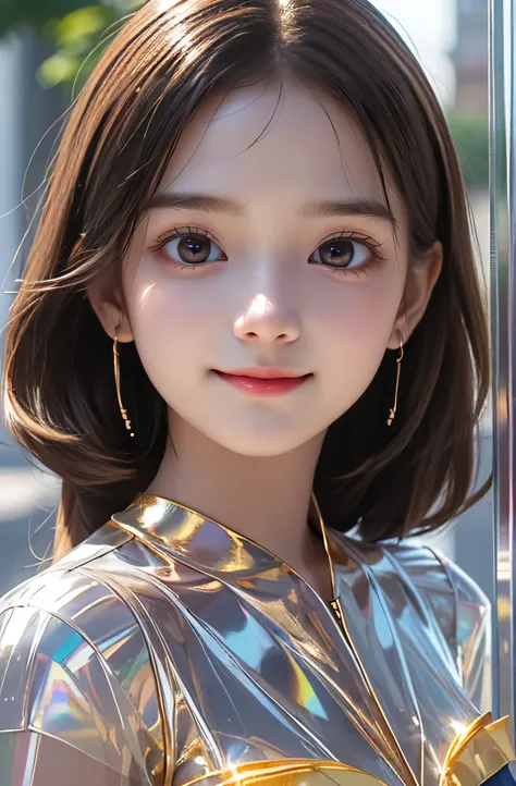 Very beautiful cute girl) (very cute face:1.2),(baby face),(sparking clear attractive large eyes:1.2), Beautiful detailed eyes, Detailed double eyelids, smiling, (realistic photograph:1.1), in the street,
(super shiny gold transparent holographic sailor hi...