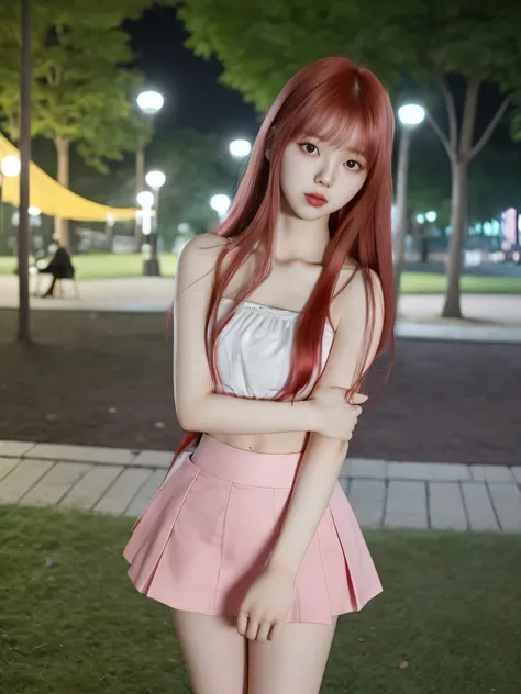 korean girl, white strappy blouse, pink miniskirt, long red hair, at night in a park, 