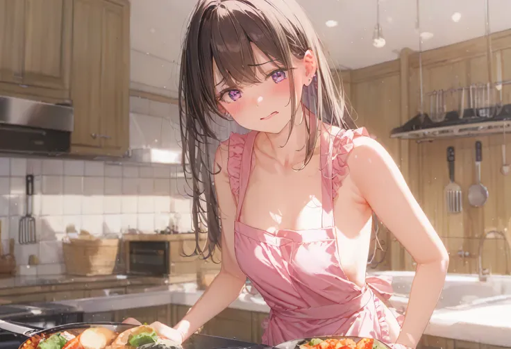 masterpiece、Ultra high definition、One Girl、Younger sister、Small breasts、(((Completely naked)))、Simple Apron、Very long hair、Dark brown hair、bangs、Braiding、Soft hair、White skin、((Embarrassed expression))、Red cheeks、(((Naked Apron)))、Raise your arms、side、kitc...