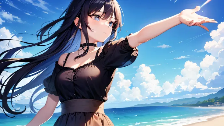 a person watch the sky and arise her hand, closed up shot, anime style, best quality, masterpiece, high corrected, perfect view