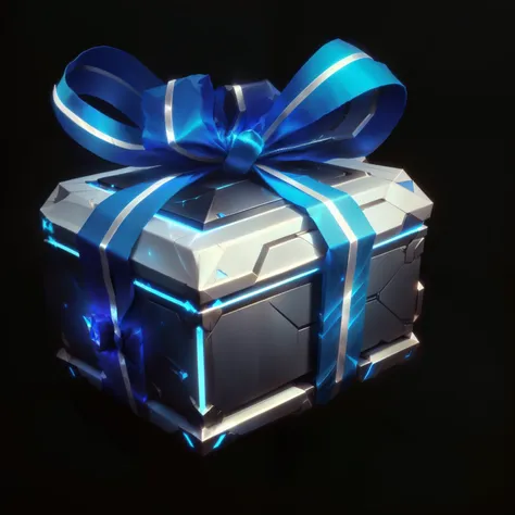 a blue ribbon wrapped around a silver and black gift box, loot box, gifts, unknown, modular item, item art, league of legends in...