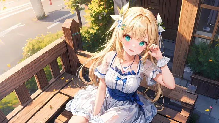 score_9, score_8_up, score_7_up, source_anime,dynamic angle,fantasy cafe terrace, 1girl,mature girl,light blonde hair,green glowing lovely eyes,very long hair,looking at viewer, morning, peaceful and serene with soft morning sunlight, sit on a wooden bench...