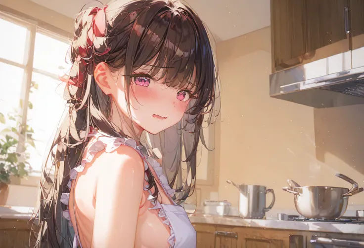 masterpiece、Ultra high definition、One Girl、Younger sister、Small breasts、(((Completely naked)))、Simple Apron、Very long hair、Dark brown hair、bangs、Braiding、Soft hair、White skin、Sideboob、((Embarrassed expression))、Red cheeks、(((Naked Apron)))、Look back、kitche...