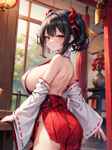 Best Quality,Ultra-high resolution,Super detailed,gigantic breasts,Detailed beautiful eyes,Short Hair,(Black Hair,Two Side Up:1.3),(Big yellow eyes),jitome,A very happy smile,Open your mouth wide,View Viewer,break,(Shrine Maiden Costume,White kimono,Bare S...