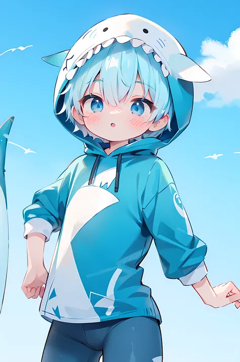 Sky blue hair, Sky blue eyes, short hair, cute face,blue shark hood, blue shark tail fin ,boy